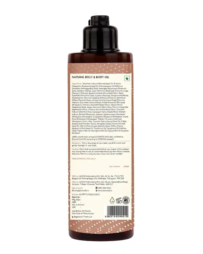 Bottle of natural body oil with label on a white background