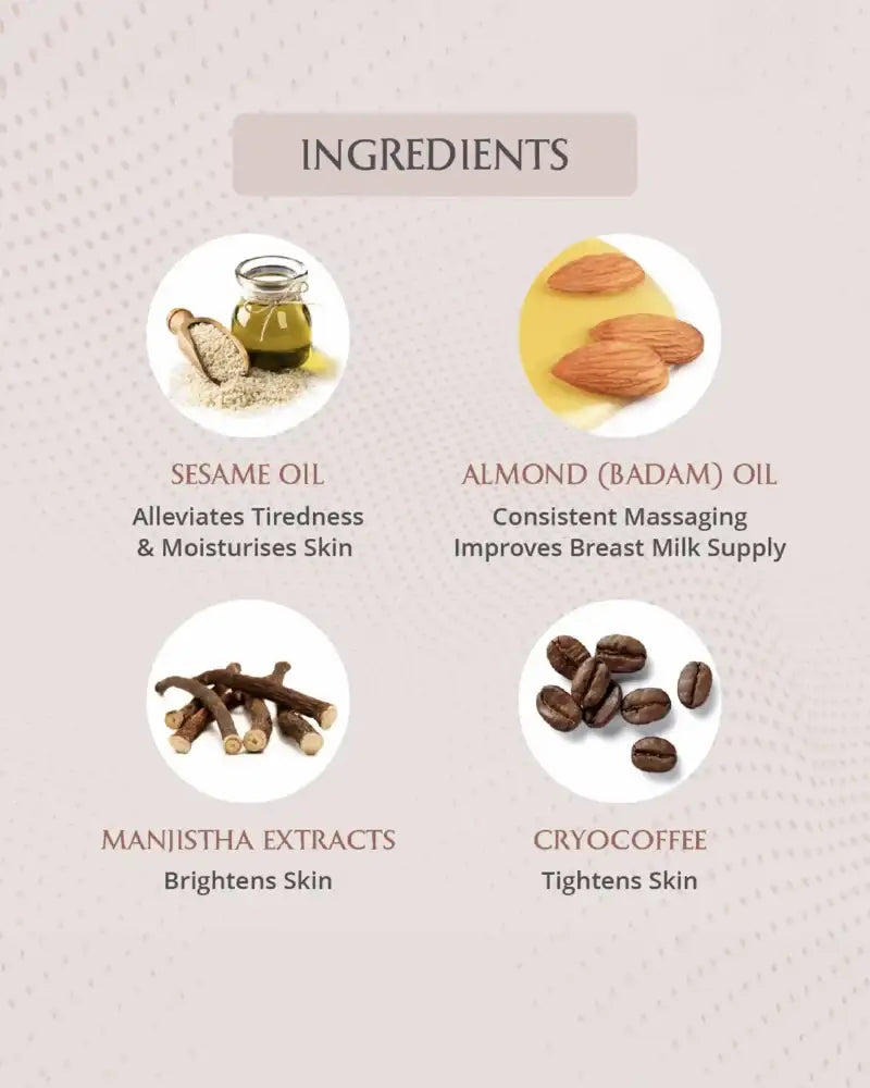 List of ingredients with their benefits on a light pink background