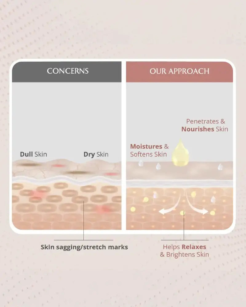 Diagram showing skin concerns and an approach to address them with a product.
