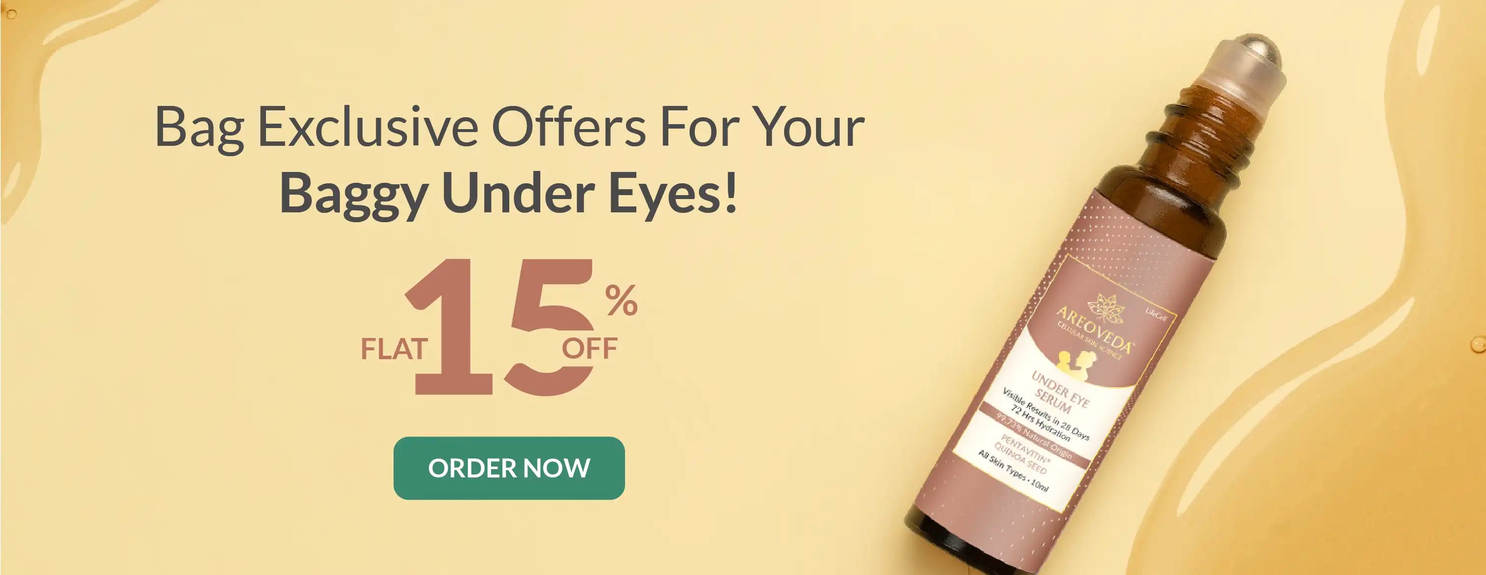 Skincare serum bottle with promotional text on a beige background