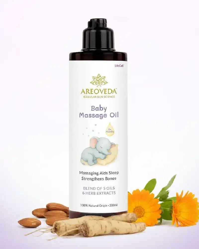 Areoveda Baby Massage Oil bottle with ingredients