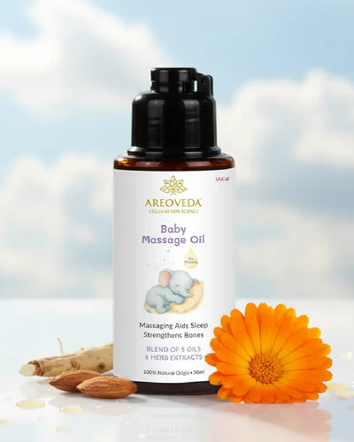 Gentle baby massage oil with natural oils & herb extracts, safe for newborns, aids sleep and strengthens bones