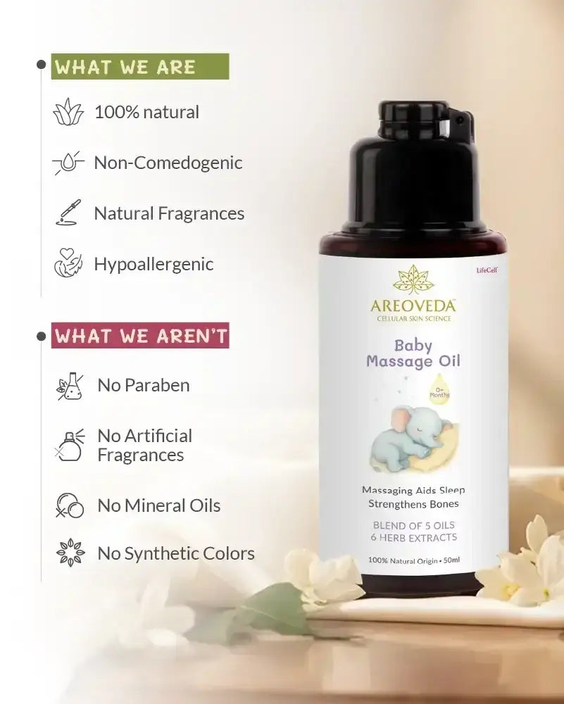 Areoveda baby massage oil bottle with product features listed on a white background