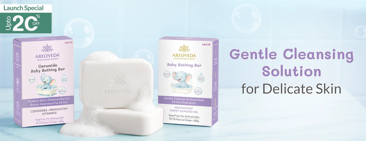 AreoVeda baby bathing bar and packaging on a light blue background with text about gentle cleansing solution.