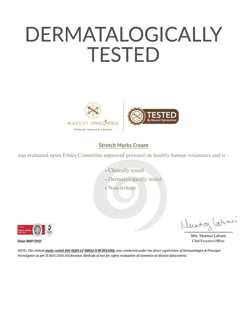 Dermatologically tested certificate for pregnancy stretch mark cream