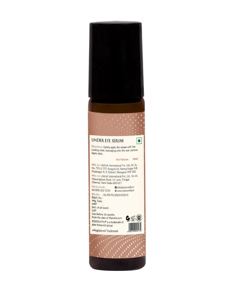 Under eye serum bottle with black cap and beige label on a white background