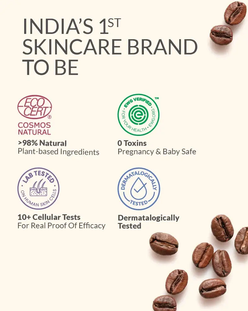 Skincare brand certification logos with coffee beans on a white background