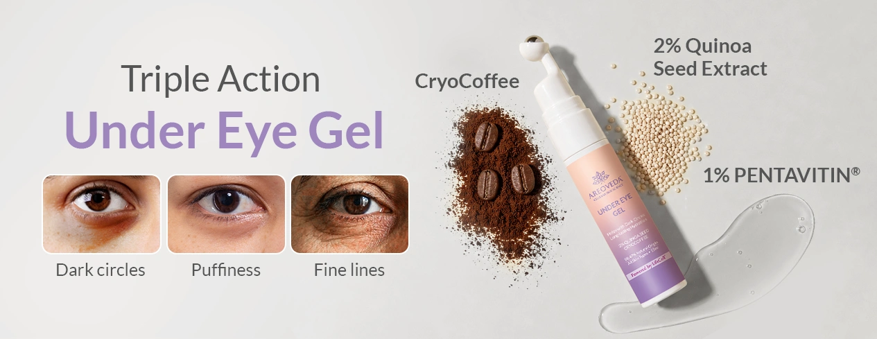 Under Eye Gel tube shown on a light gray background with text reading 'Triple Action Under Eye Gel'.