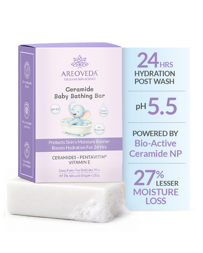AreoVeda Ceramide Baby Bathing Bar packaging and soap bar with lather