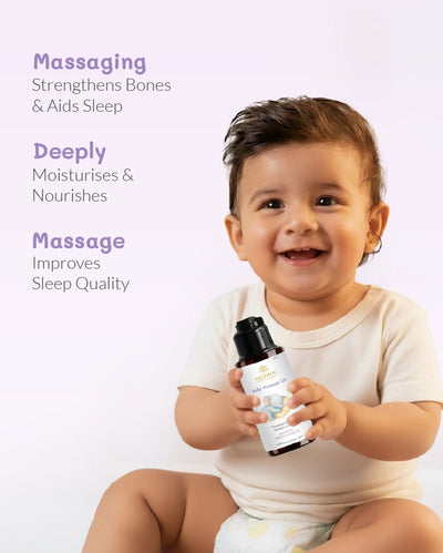 Child holding a bottle with text about massage benefits on a white background