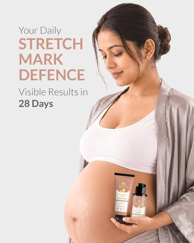 Pregnant woman holding AreoVeda stretch mark cream and oil on her belly.