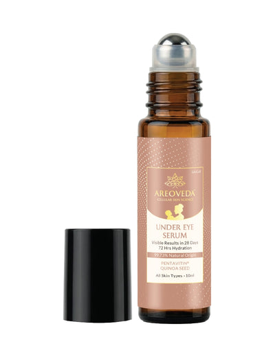 AreoVeda Under Eye Serum rollerball bottle with black cap, EWG-verified, 99.73% natural, for all skin types
