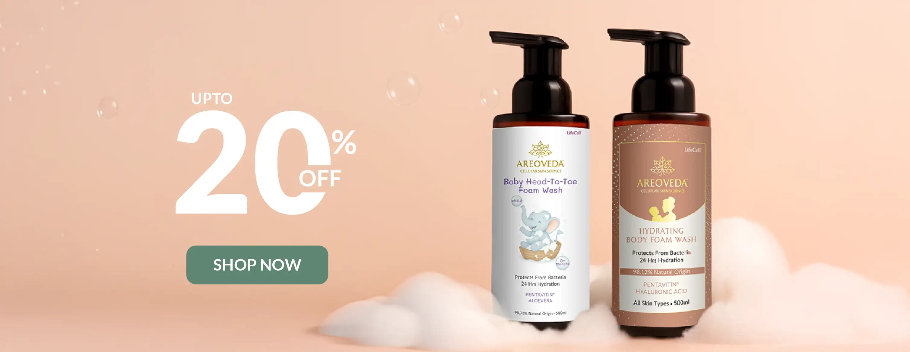Two bottles of Arbonne baby products on a beige background with a discount offer.