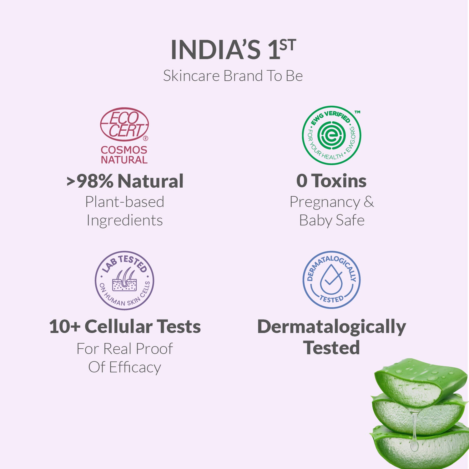 Skincare brand certification logos and product features on a white background