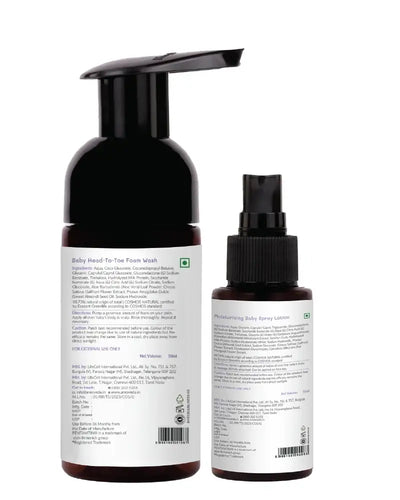 Two bottles of baby products with labels on a white background