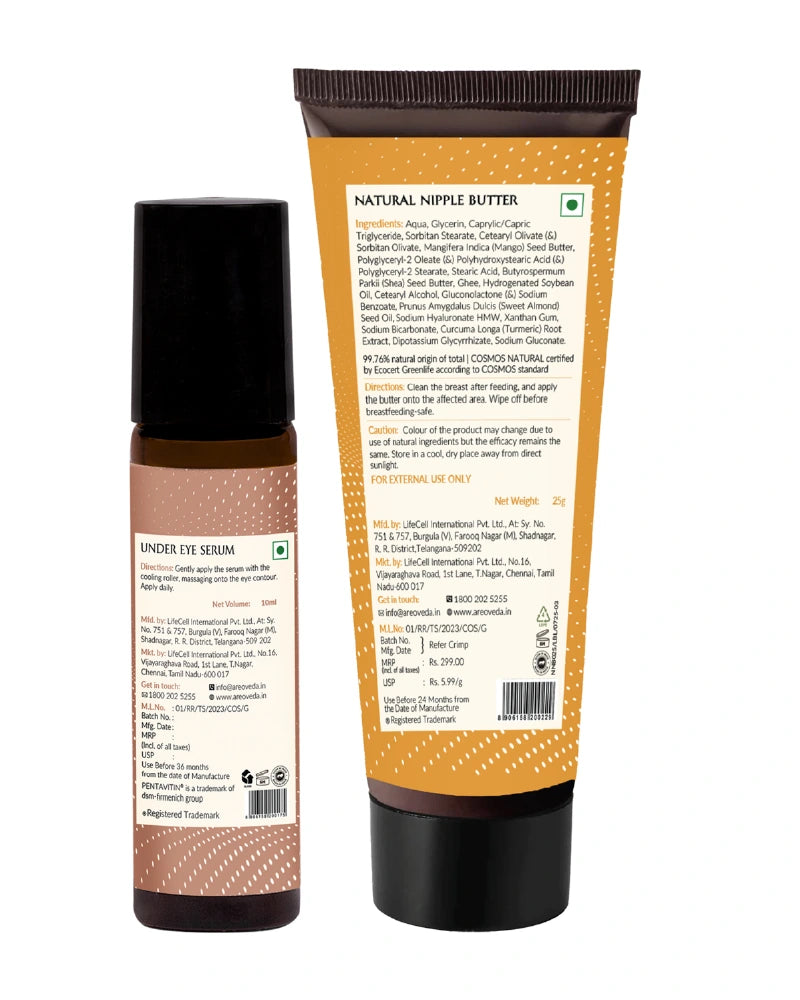 Two cosmetic products, an under eye serum and a tube of natural nipple butter, on a white background.