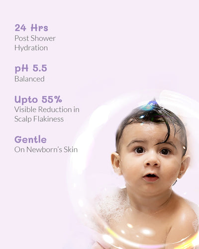 Gentle newborn baby skincare with 24-hour hydration, pH 5.5 balance, reduces scalp flakiness, safe for delicate skin