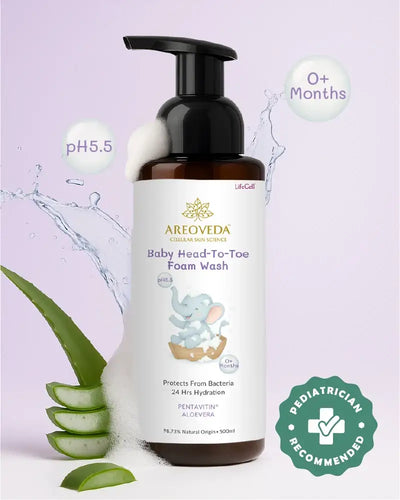 Gentle baby head-to-toe foam wash with aloe vera, pH 5.5, pediatrician recommended for 0+ months