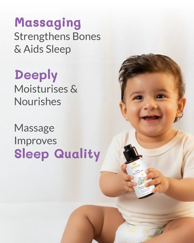 Child holding a bottle with text about massage benefits on a white background