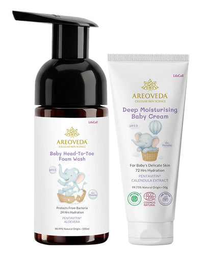 AreoVeda baby care products including foam wash and cream on a white background