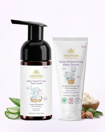 AreoVeda baby care products including foam wash and cream on a white background
