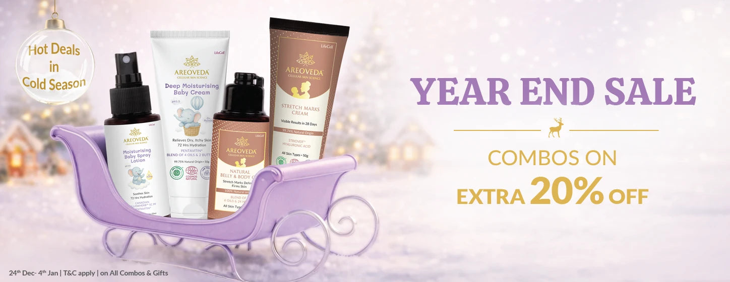 Cosmetic products in a sleigh with promotional text for a year-end sale on a light background