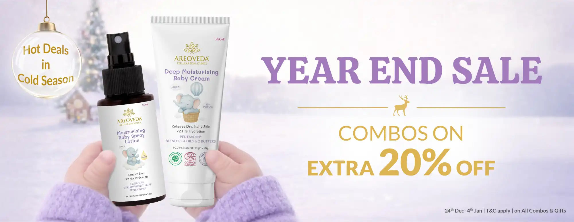 AreoVeda skincare products held in hands with a Year End Sale banner in the background