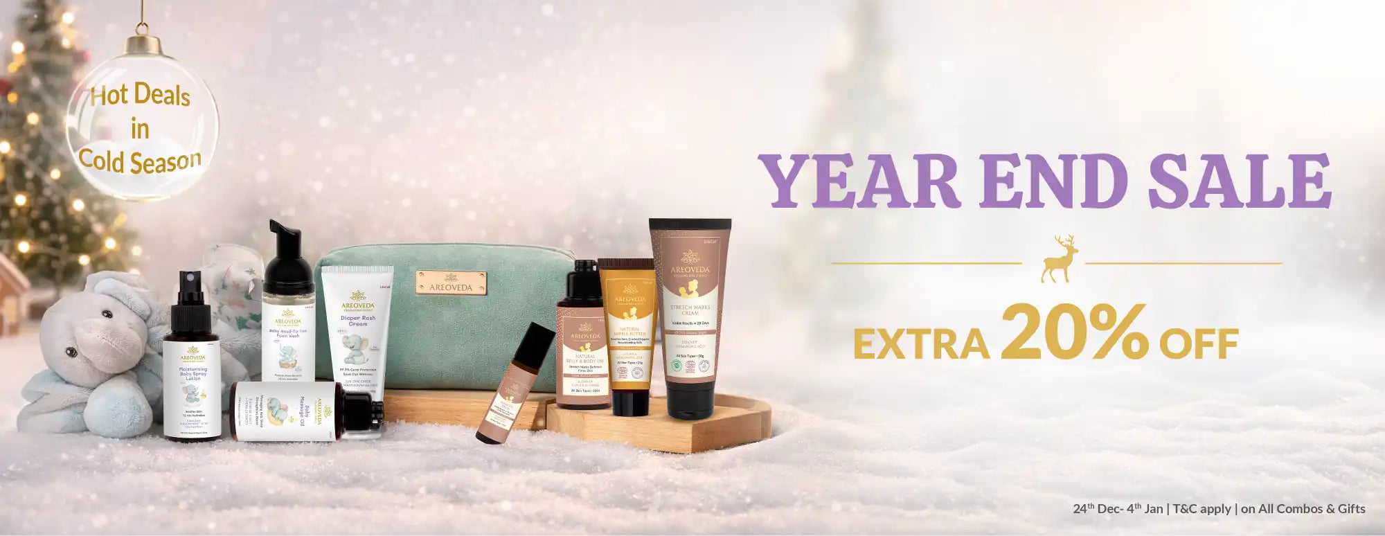 Cosmetic products on a tray with promotional text for a year-end sale.