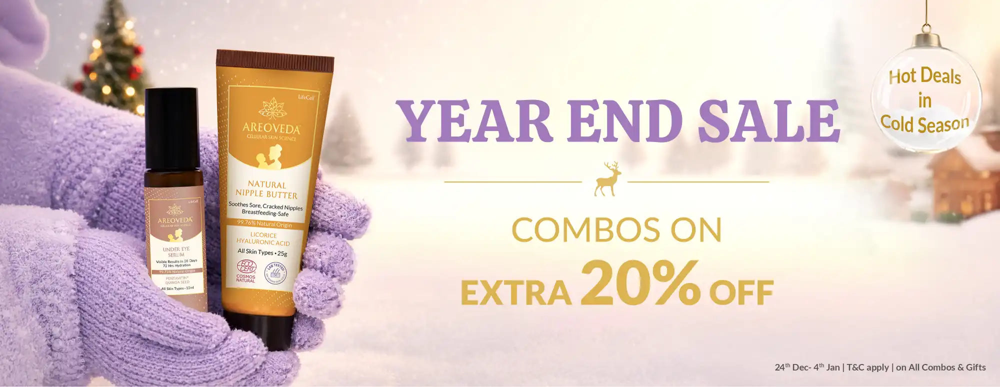 Promotional banner for a year-end sale with skincare products and text overlay.