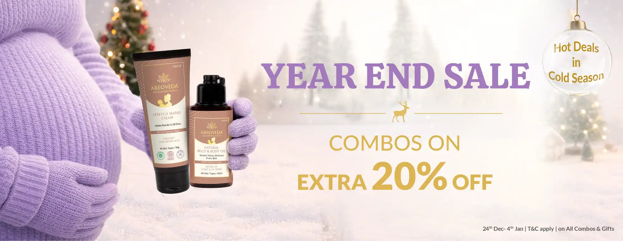 Promotional advertisement for a year-end sale with skincare products and text overlay.