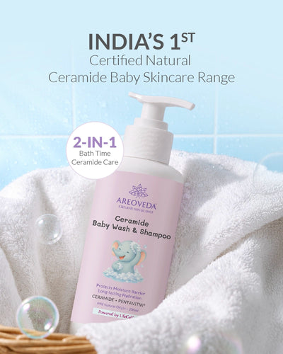 AreoVeda Ceramide Baby Wash & Shampoo bottle on a white towel with a blue background