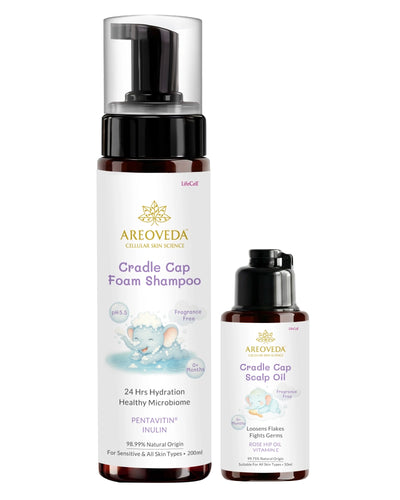AreoVeda Cradle Cap Foam Shampoo and Scalp Oil on a white background
