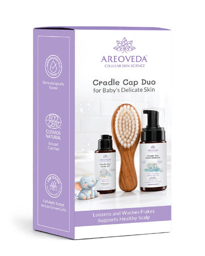AreoVeda Cradle Cap Duo kit with baby oil, foam shampoo, and a soft scalp brush.