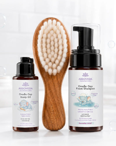 AreoVeda Cradle Cap Foam Shampoo, Scalp Oil, and soft bristle baby brush set.