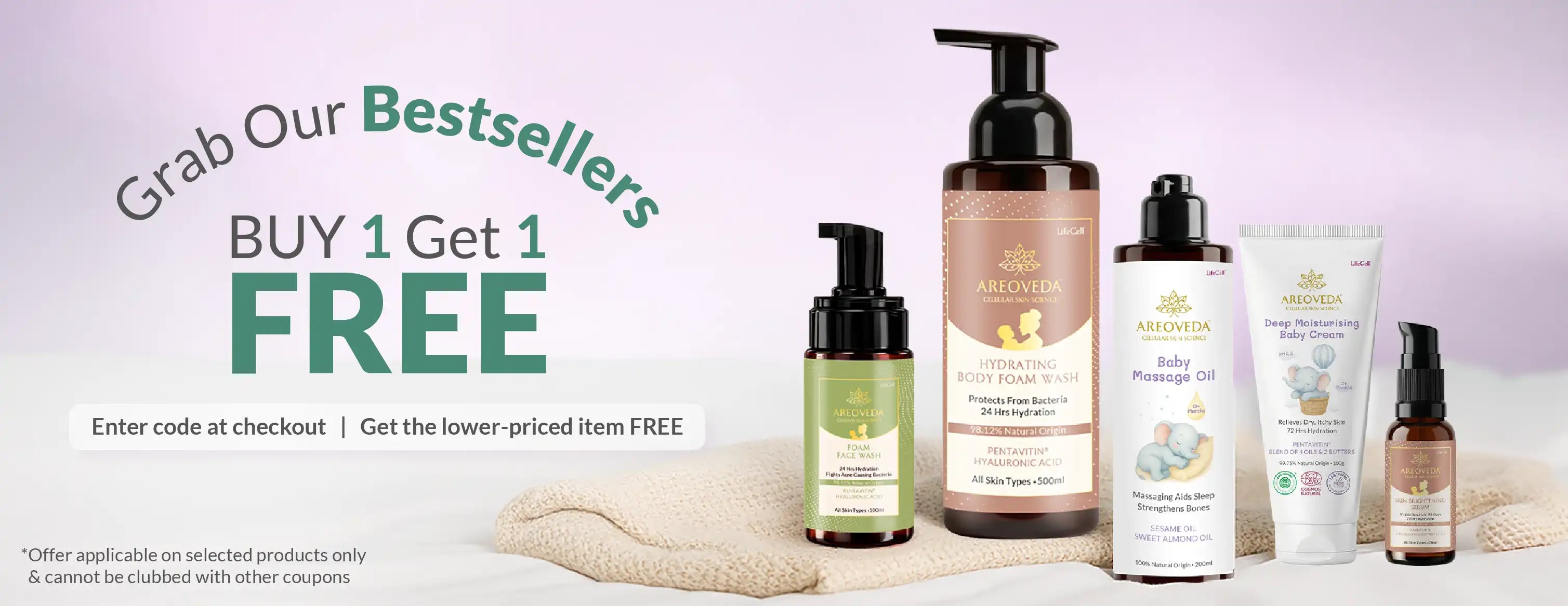 Cosmetic products with a promotional banner offering 'Buy 1 Get 1 Free' on a light purple background.