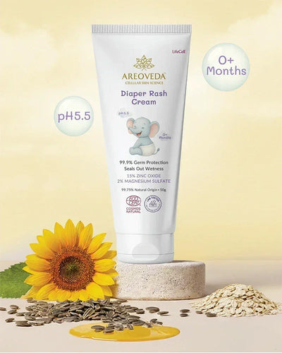 Areoveda diaper rash cream with sunflower, seeds, and oatmeal on a light background