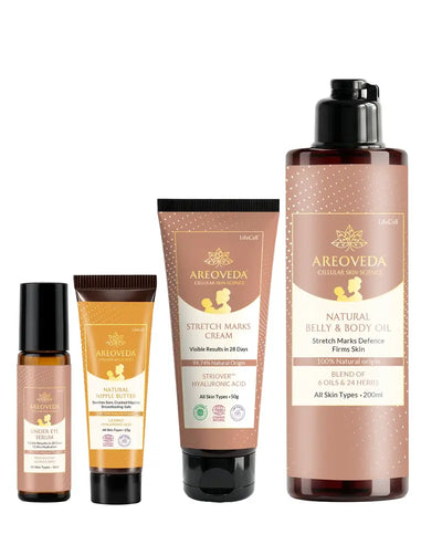Set of AreoVeda skincare products including cream, oil, and serum on a white background