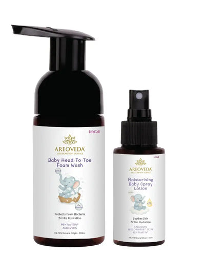 Two baby care products from Areoveda on a white background
