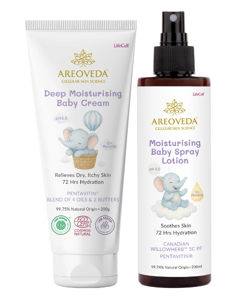 Areoveda Deep Moisturising Baby Cream and Moisturising Baby Spray on a white background