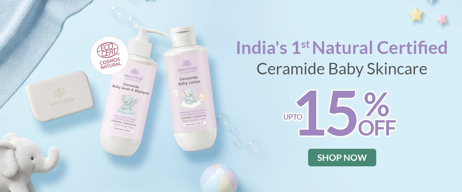 Baby skincare products with a discount offer on a light blue background