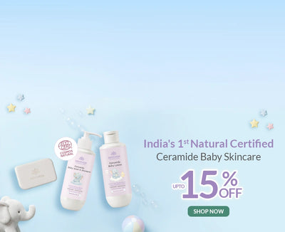 Baby skincare products with promotional text on a light blue background