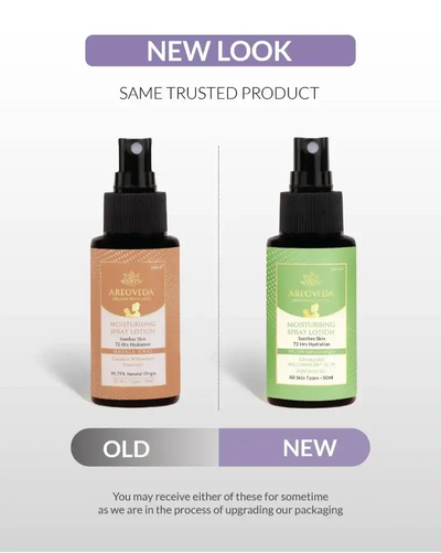 Comparison of old and new packaging for Allerelda baby lotion bottles on a light gray background.