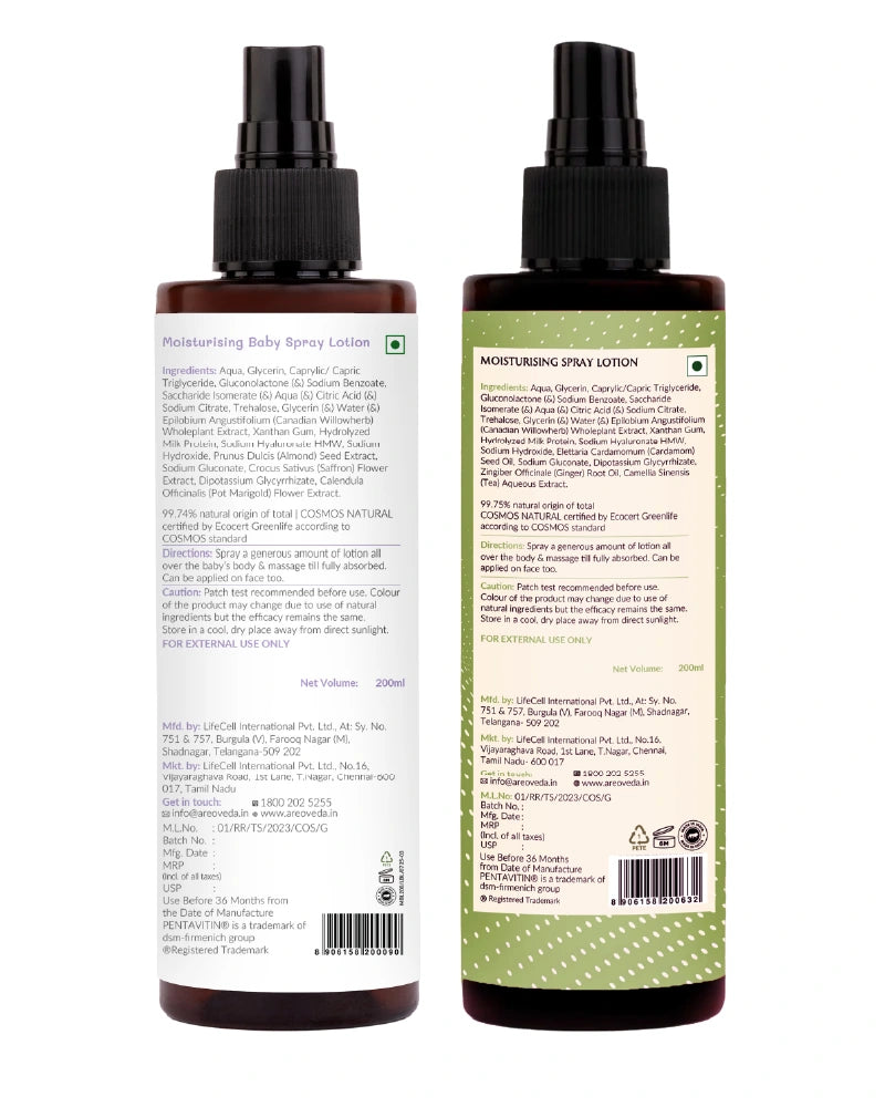 Two bottles of moisturizing spray lotion with labels on a white background