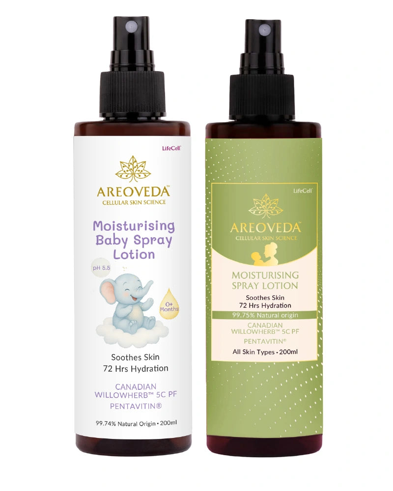 Two bottles of Areoveda moisturizing spray lotions on a white background