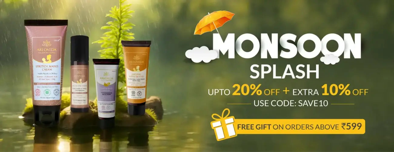 Cosmetic products with a monsoon-themed offer on a green background