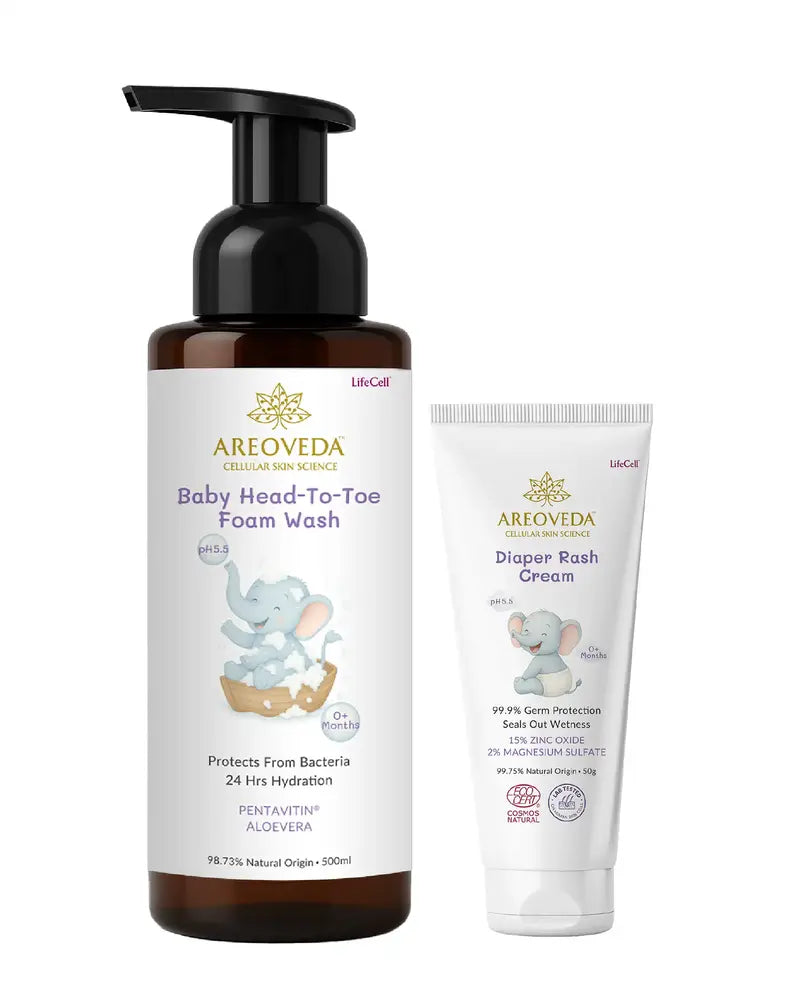 AreoVeda Baby Head-Toe Foam Wash and Diaper Rash Cream on a white background