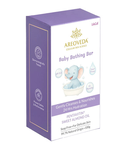 AreoVeda Baby Bathing Bar packaging with purple and white design.
