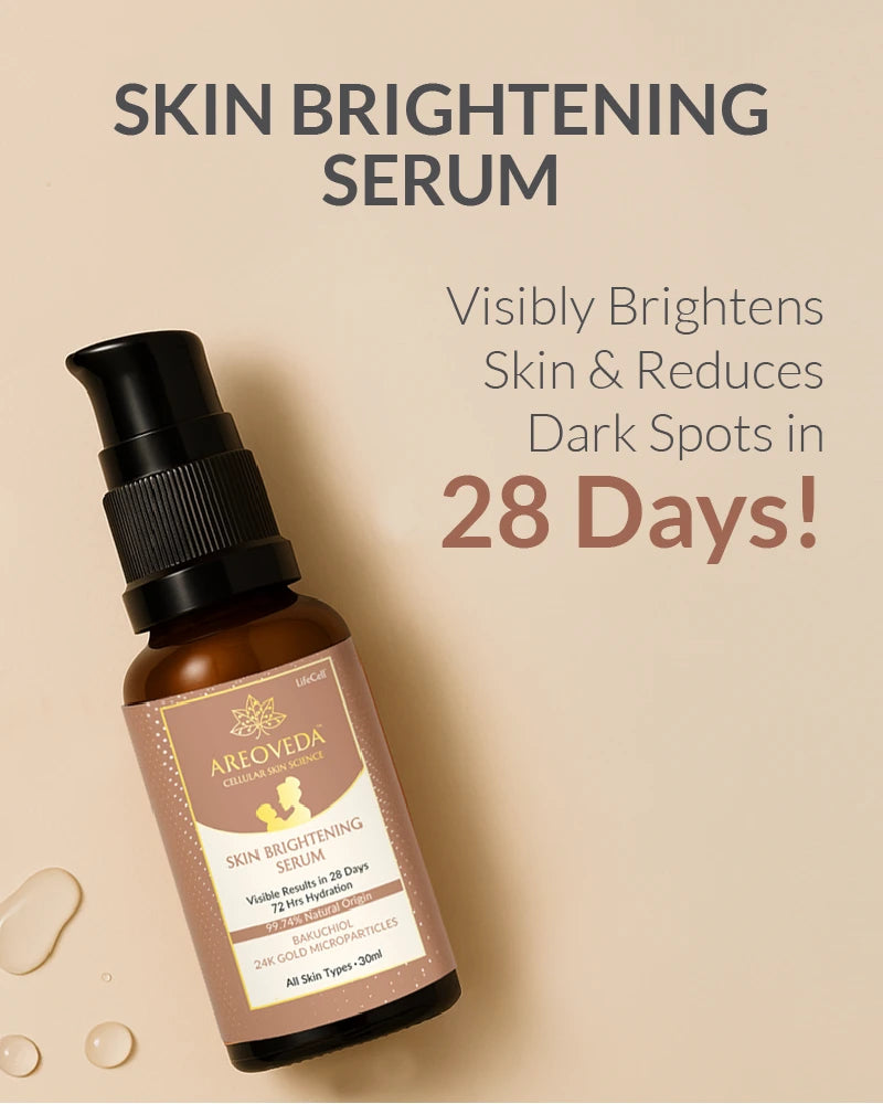 Skin brightening serum bottle with text on a beige background