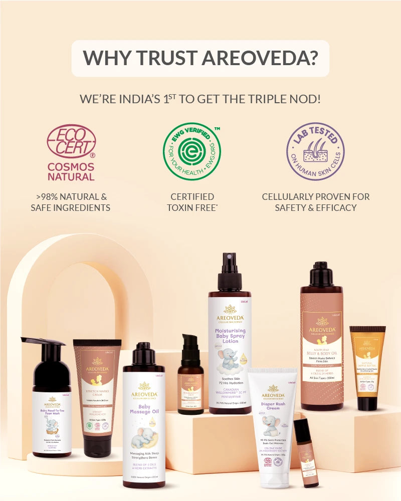 Areoveda skincare products with certification logos on a beige background