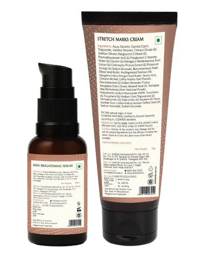 Skin brightening serum bottle and stretch marks cream tube with labels on a white background